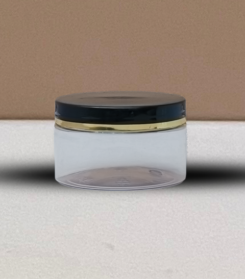 250g Wide Plastic Jar Black Lid With Gold Strip