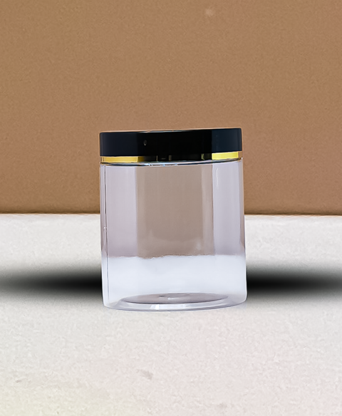 250g Tall Plastic Jar Black Lid With Gold Strip