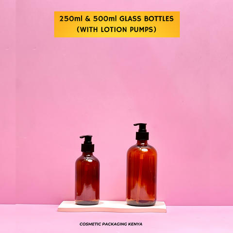 250ml Amber Glass Bottle + Lotion Pumps