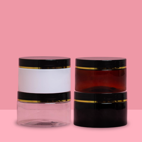 250g Wide Plastic Jar Black Lid With Gold Strip