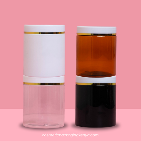 250g Tall Plastic Jar White With Gold Strip Lid