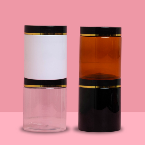 250g Tall Plastic Jar Black Lid With Gold Strip