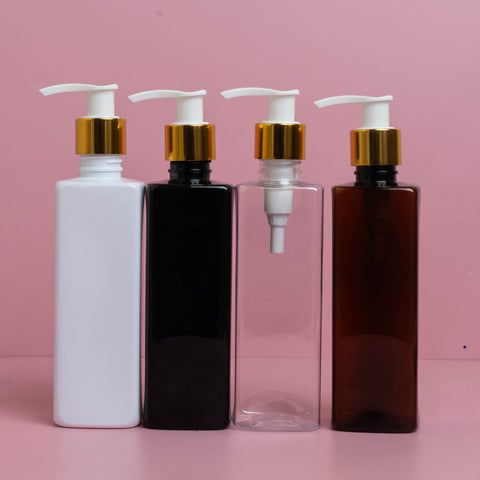 250Ml Square Pet Bottle With Old Gold White Lotion Pump