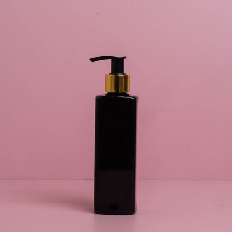 250Ml Square Pet Bottle With Old Gold Black Lotion Pump