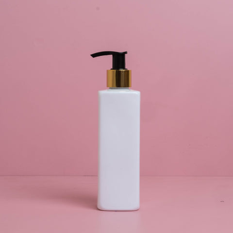 250Ml Square Pet Bottle With Old Gold Black Lotion Pump