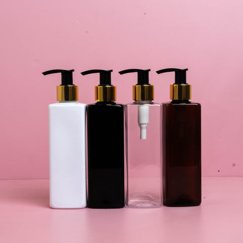 250Ml Square Pet Bottle With Old Gold Black Lotion Pump