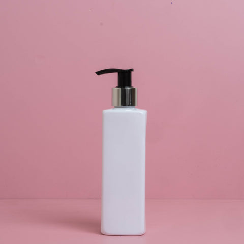 250Ml Square Pet Bottle With Silver Black Lotion Pump