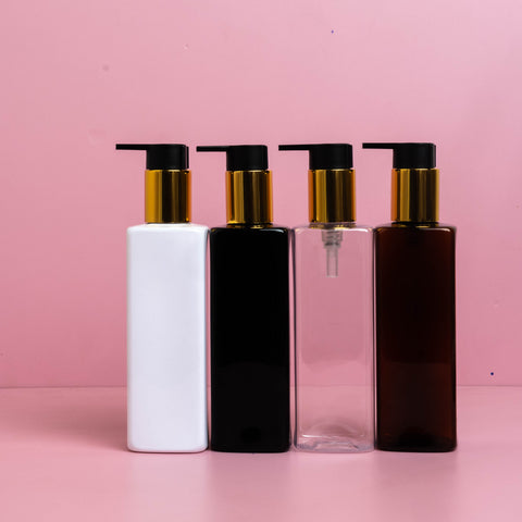 250Ml Square Pet Bottle With New Gold Black Lotion Pump