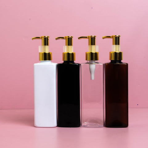 250Ml Square Pet Bottle With All Gold Lotion Pump