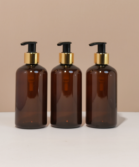 250Ml Short Pet Bottle With Old Gold Black Lotion Pump