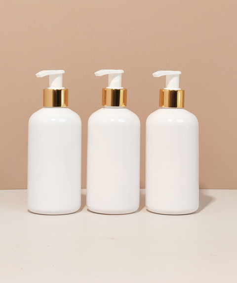250Ml Short Pet Bottle With Old Gold White Lotion Pump