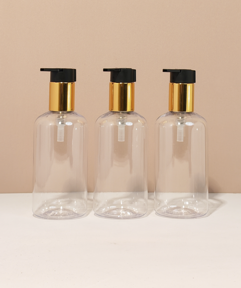 250Ml Short Pet Bottle With New Gold Black Lotion Pump