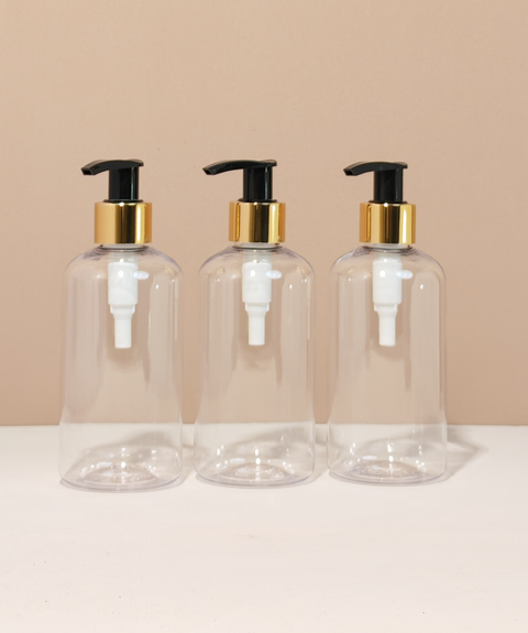 250Ml Short Pet Bottle With Old Gold Black Lotion Pump