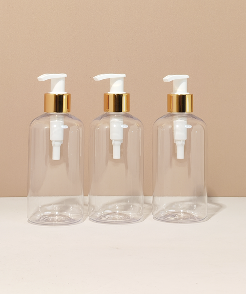 250Ml Short Pet Bottle With Old Gold White Lotion Pump