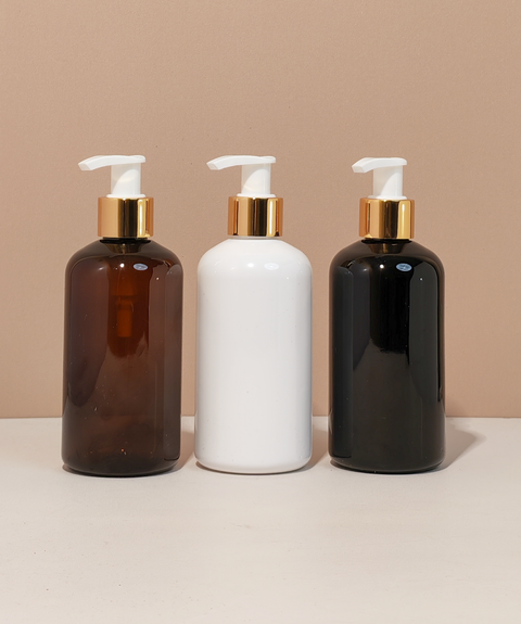 250Ml Short Pet Bottle With Old Gold White Lotion Pump
