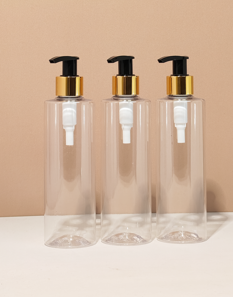 250Ml Tall Pet Bottle With Old Gold Black Lotion Pump