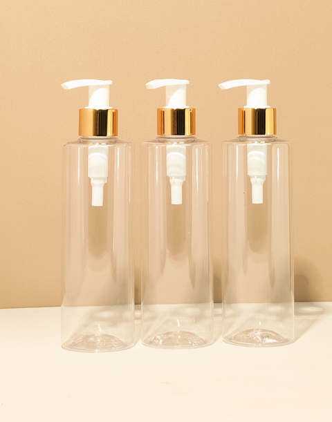 250Ml Tall Pet Bottle With Old Gold White Lotion Pump
