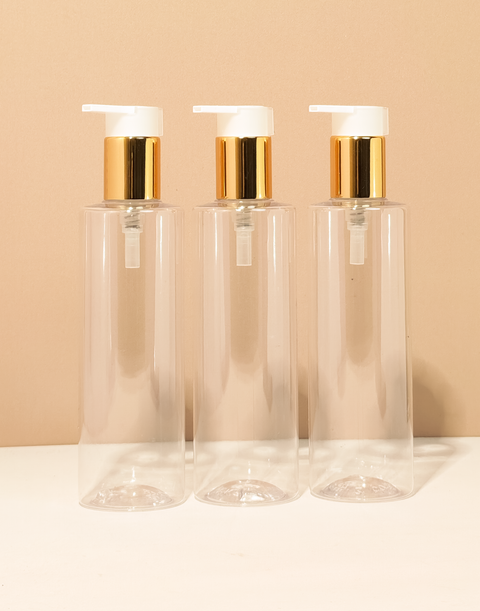 250Ml Tall Pet Bottle With New Gold White Lotion Pump