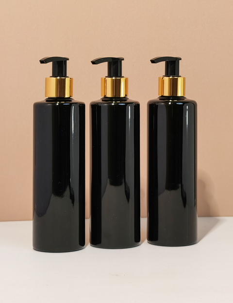 250Ml Tall Pet Bottle With Old Gold Black Lotion Pump