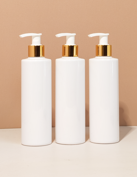 250Ml Tall Pet Bottle With Old Gold White Lotion Pump