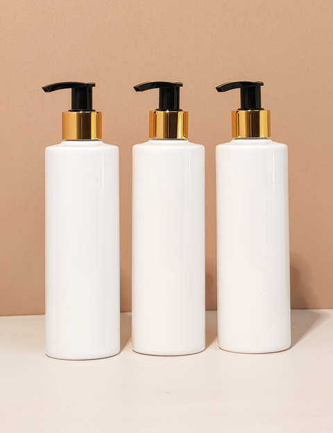 250Ml Tall Pet Bottle With Old Gold Black Lotion Pump