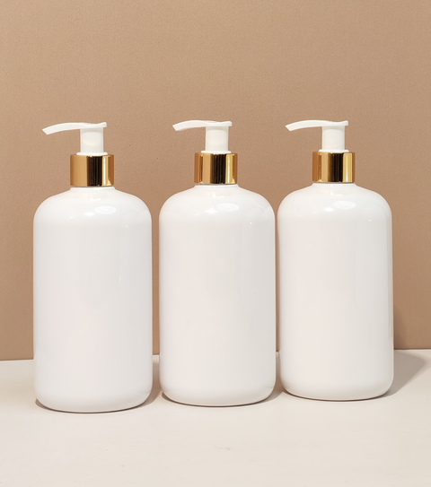 500Ml Short Pet Bottle With Old Gold White Lotion Pump