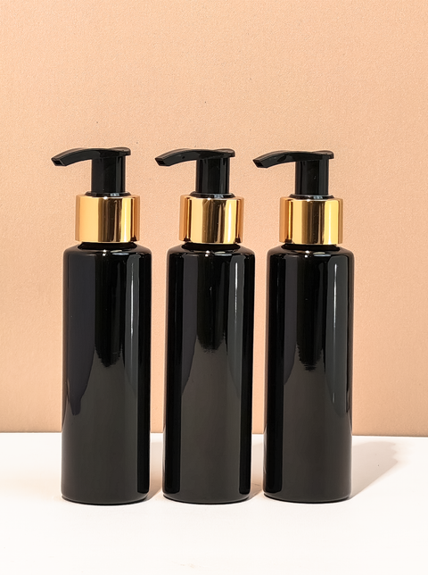 100Ml Pet Bottle With Old Gold Black Lotion Pump