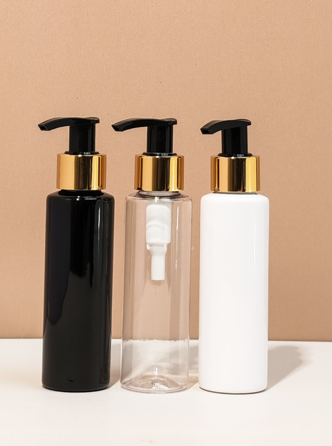 100Ml Pet Bottle With Old Gold Black Lotion Pump